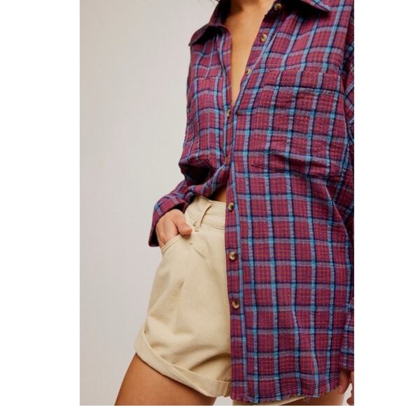 Free People Oversized Bohemian Grunge Fall Cardiff Plaid Swing Top Shirt Small - Picture 6 of 14